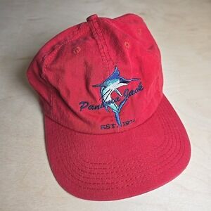 Vintage Panama Jack Marlin Red Hat Embroidered Fish Elastic Back USA Boating Cap